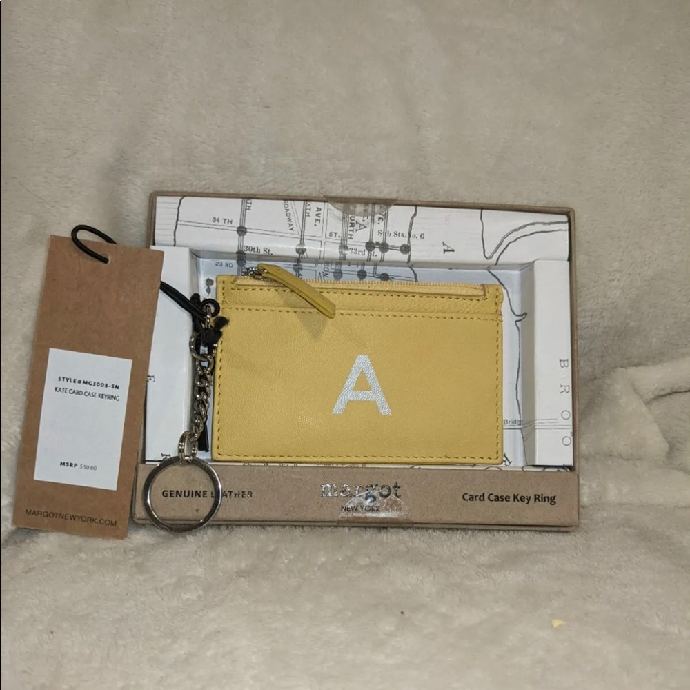 Margot leather ‘A’ monogrammed yellow card case & key ring